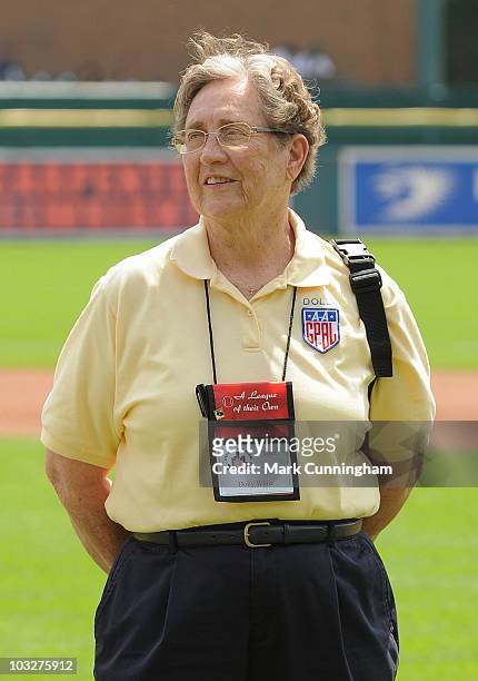 Former member of the All-American Girls Professional Baseball League Dolly White looks on during a reunion ceremony before the game between the...