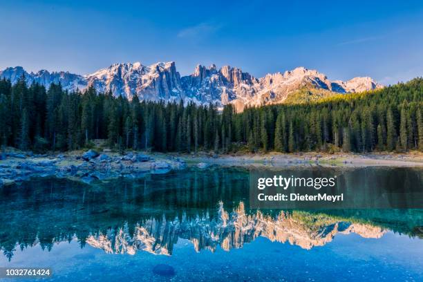 idyllic blue alpine lake carezza, dolomites, italian tirol alps - cortina stock pictures, royalty-free photos & images