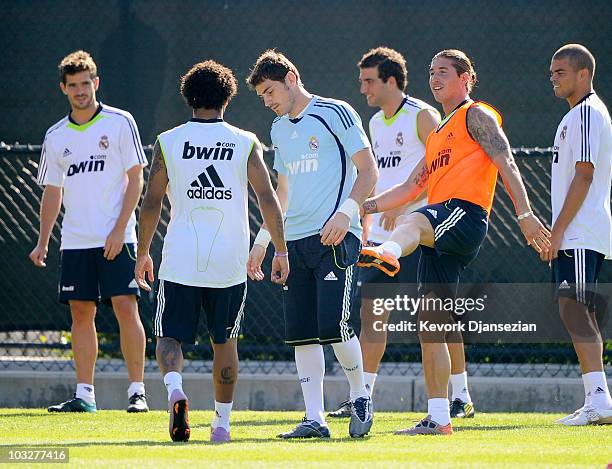 Sergio Ramos and goalkeeper Iker Casillas joke around during training session on the campus of UCLA on August 6, 2010 inthe Westwood section Los...