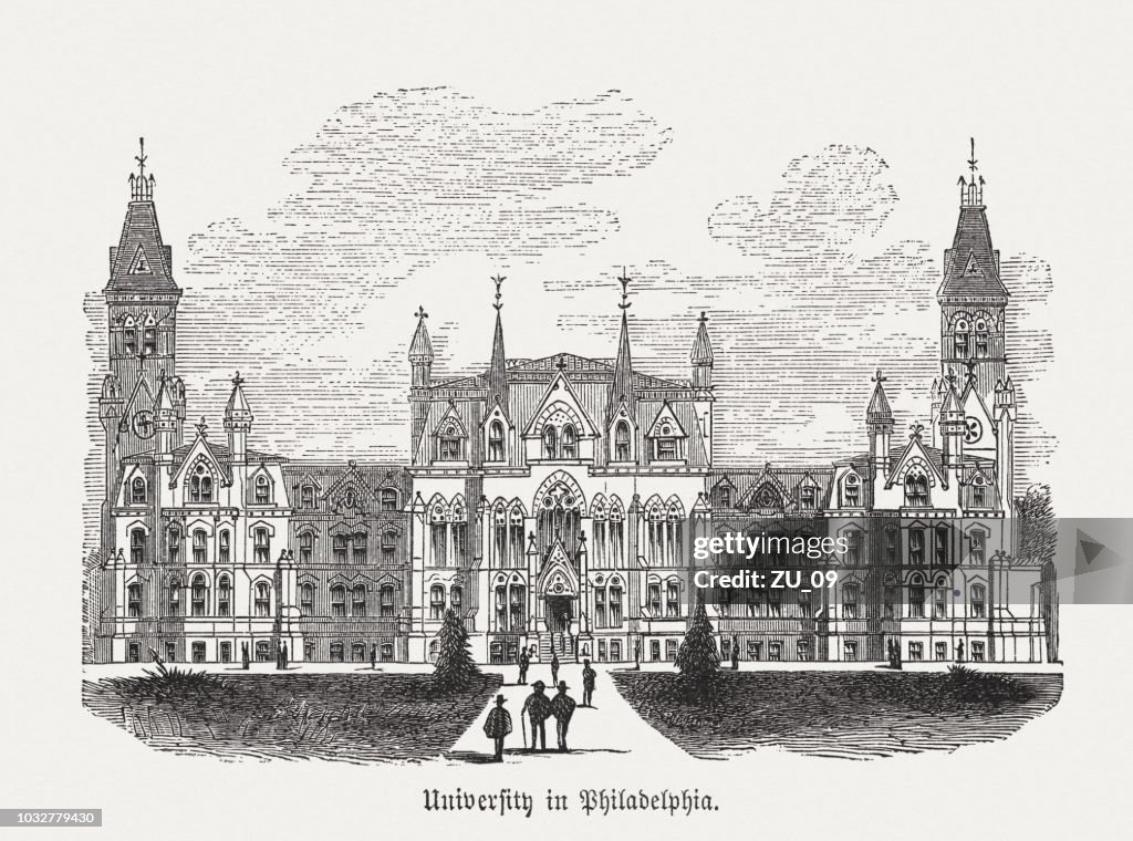 College Hall (University of Pennsylvania), Philadelphia, USA, Holzschnitt, veröffentlicht 1876