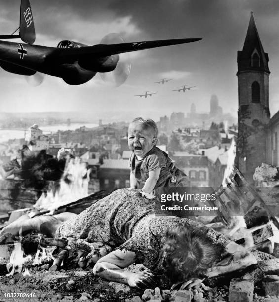 1940s WORLD WAR II BLITZKRIEG MONTAGE NAZI BOMBER PLANES FLYING OVER CITY RUBBLE CRYING BABY INJURED DEAD MOTHER