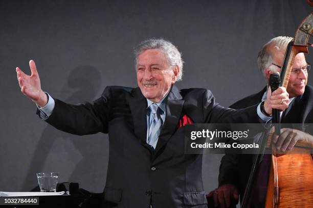 Singer Tony Bennett performs as he celebrates the release of a new album with Jazz pianist/singer Diana Krall at The Rainbow Room on September 12,...