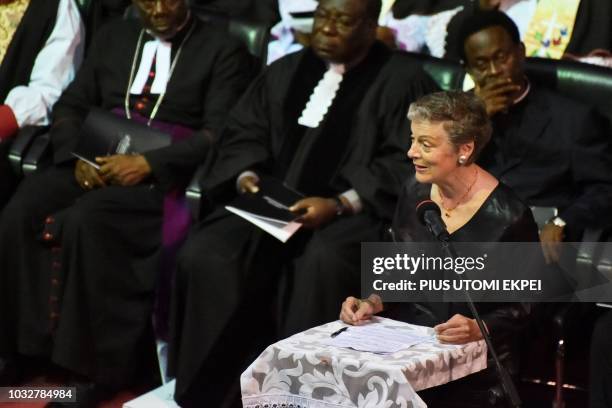 Wife of former United Nations Secretary General Nane Maria speaks during the funeral service of her husband Kofi Annan, a Ghanaian diplomat and...