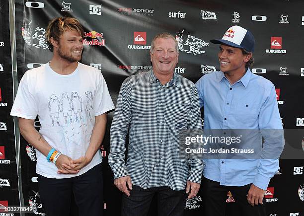 Dane Reynolds, Bob McKnight and Julian Wilson attend Julian Wilson "Scratching The Surface" Movie Premiere at Orange County Performing Arts Center on...