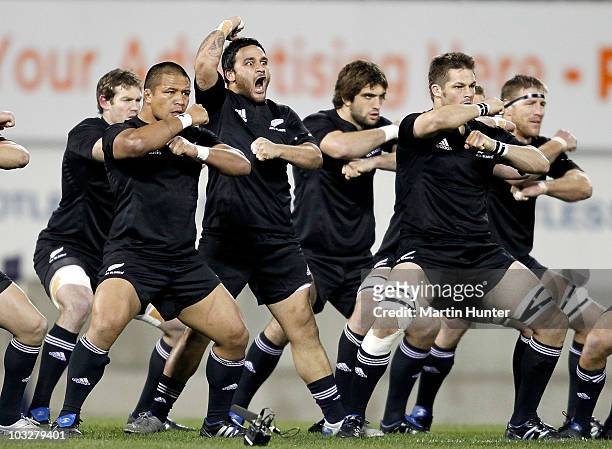 Piri Weepu of the All Blacks leads the haka prior to the start off the 2010 Tri-Nations Bledisloe Cup match between the Australian Wallabies and the...