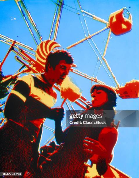 1960s 1970s POSTERIZED IMAGE OF COUPLE EATING COTTON CANDY AMUSEMENT PARK FERRIS WHEEL