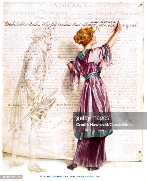 1900s 1915 WOMAN SUFFRAGETTE WRITING IN “AND WOMEN” INTO DECLARATION INDEPENDENCE STANDING NEXT TO 1776 THOMAS JEFFERSON