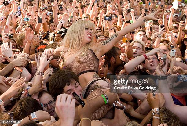 Lady Gaga crowd surfs at the BMI stage as Semi-Precious Weapons performs during the 2010 Lollapalooza Festival in Grant Park on August 6, 2010 in...