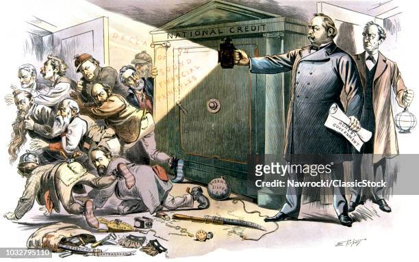 1890s 1893 PUCK CARTOON SHOWS PRESIDENT GROVER CLEVELAND SHINING LIGHT ON SENATE ATTEMPTS TO RUIN THE NATIONAL CREDIT TRUST