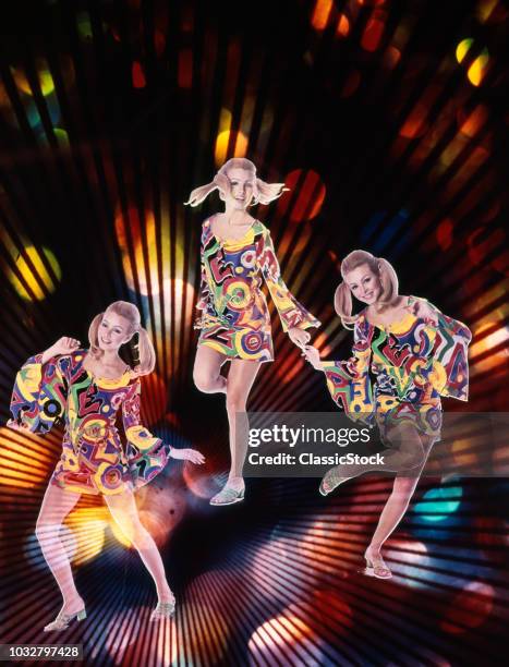 1960s 1970s TRIPLE EXPOSURE OF YOUNG WOMAN IN PATTERNED DRESS DANCING THROUGH STROBE LIGHTS