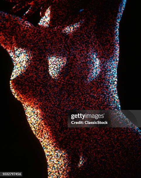 1970s SPECIAL EFFECT ANONYMOUS NUDE TORSO WOMAN BREAST NAKED MANY COLORED POINTILLISM DOTS AGAINST BLACK