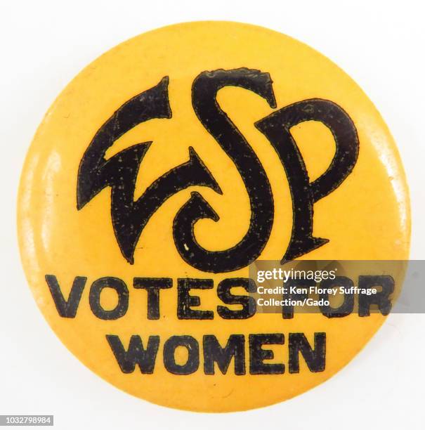 Yellow and black suffrage pin, with the text "WSP Votes for Women, " manufactured for the American market by the Woman Suffrage Party, a New York...