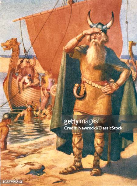 VIKING EXPLORERS LANDING ON AN UNKNOWN SHORE DURING MEDIEVAL TIMES 8TH TO 11TH CENTURY