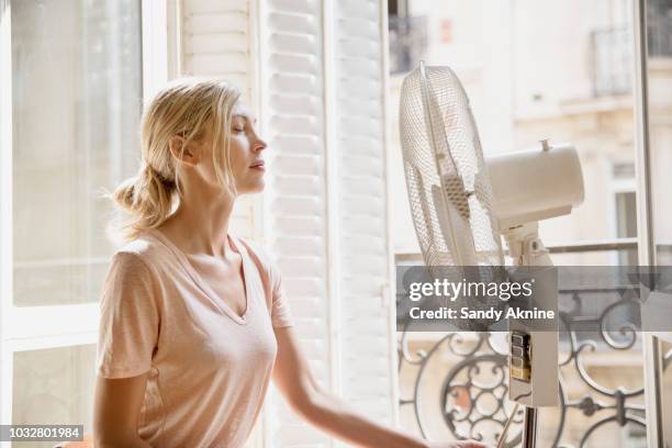 young woman in profile in front a fan. - 熱波 ストックフォトと画像