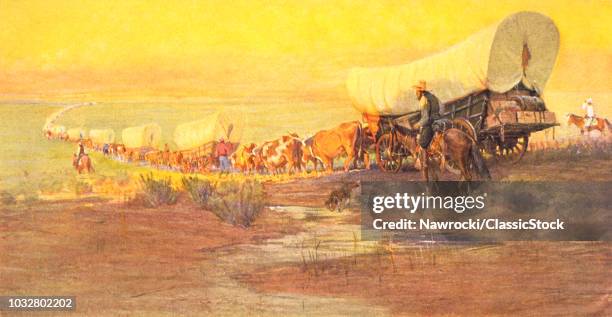 1800s AMERICAN WESTERN FRONTIER WITH WAGON TRAIN GOING WESTWARD ONTO THE GREAT PLAINS