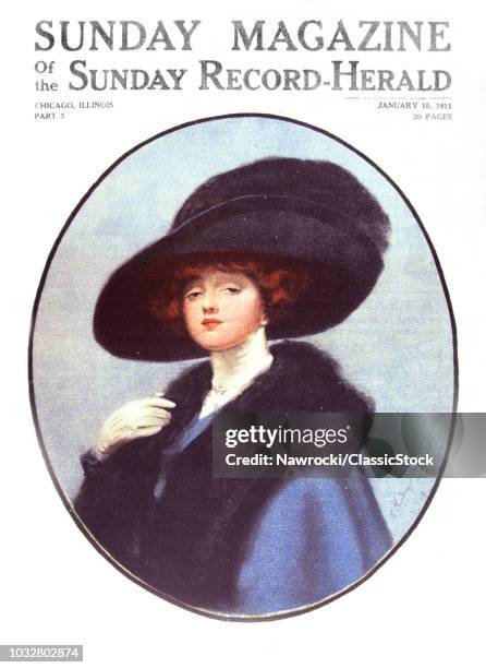 1900s 1910s STYLISH WOMAN PORTRAIT WEAR LARGE BLACK HAT BLUE COAT FUR TRIM JANUARY 1911 SUNDAY MAGAZINE COVER LOOKING AT CAMERA