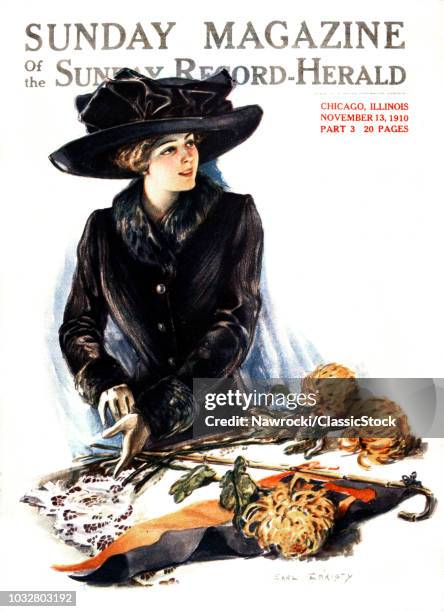 1900s WOMAN DRESSED FUR TRIMMED COAT FOR A SPORTS GAME PENNANT PUTTING ON GLOVES COVER SUNDAY MAGAZINE NOVEMBER 13 1910