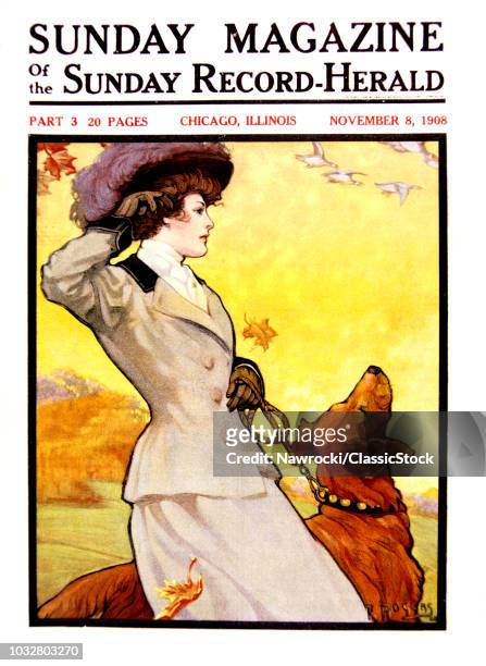1900s STYLISH VICTORIAN WOMAN AUTUMN CLOTHES WALKING DOG COVER OF SUNDAY MAGAZINE NOVEMBER 8 1908
