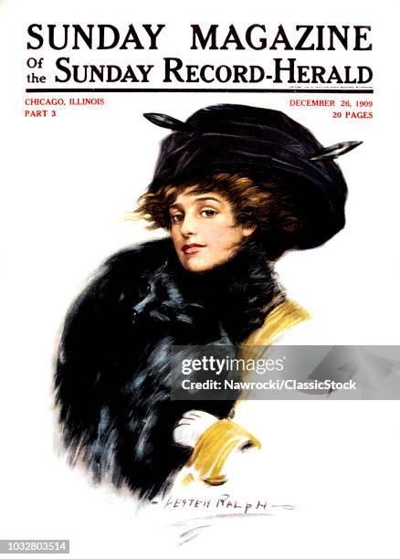 1900s PORTRAIT OF VICTORIAN WOMAN IN FUR HAT COLLAR AND MUFF STYLISH CLOTHES COVER OF SUNDAY MAGAZINE DECEMBER 1909