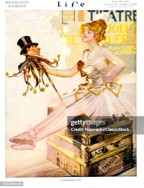 1900s 1912 LIFE MAGAZINE COVER ACTRESS PLAYING WITH AFFECTIONS A DANGEROUS TOY SITTING ON THEATRICAL TRUNK