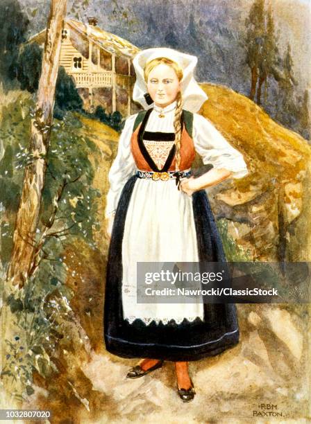 1900s 1902 ILLUSTRATION WOMAN OF NORWAY IN NATIONAL COSTUME DESS WITH APRON WOMEN OF WORLD SERIES BY NORMAN H. HARDY