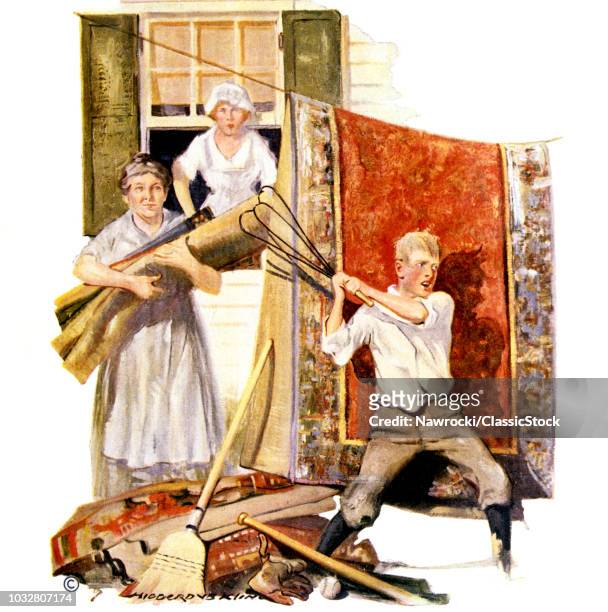 1920s FAMILY DOING SPRING CLEANING BOY BEATING CARPETS BASEBALL BAT AT HIS FEET FROM MAY 19 1921 LITERARY DIGEST