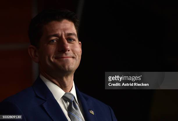 House Speaker Paul Ryan speaks to the media during his weekly news conference at the U.S. Capitol on September 13, 2018 in Washington, DC.