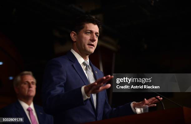 House Speaker Paul Ryan speaks to the media during his weekly news conference at the U.S. Capitol on September 13, 2018 in Washington, DC.