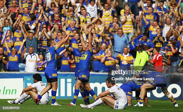 Danny McGuire of Leeds celebrates his teams victory during the Carnegie Challenge Cup Semi Final match between Leeds Rhinos and St. Helens at the...