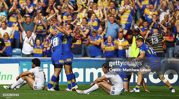 Danny McGuire of Leeds celebrates his teams victory during the Carnegie Challenge Cup Semi Final match between Leeds Rhinos and St. Helens at the...