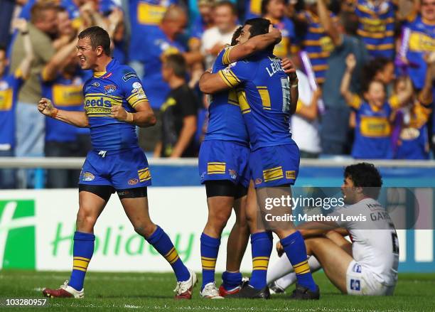 Danny McGuire of Leeds celebrates his teams victory during the Carnegie Challenge Cup Semi Final match between Leeds Rhinos and St. Helens at the...