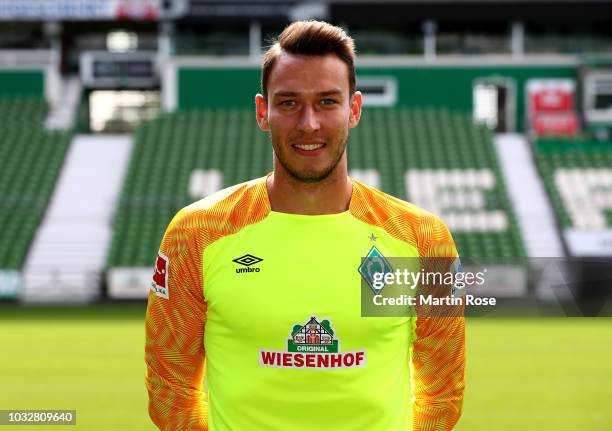 Goalkeeper Jirí Pavlenka of Werder Bremen poses during the team presentation at Weser Stadion on September 13, 2018 in Bremen, Germany.