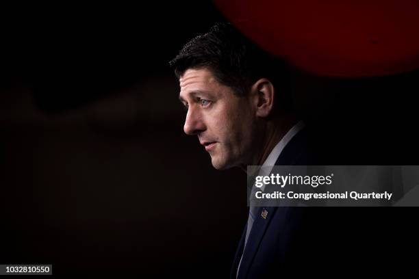 Speaker of the House Rep. Paul Ryan, R-Wis., speaks to the press during a press conference with House Republican Leaders in the House Studio...