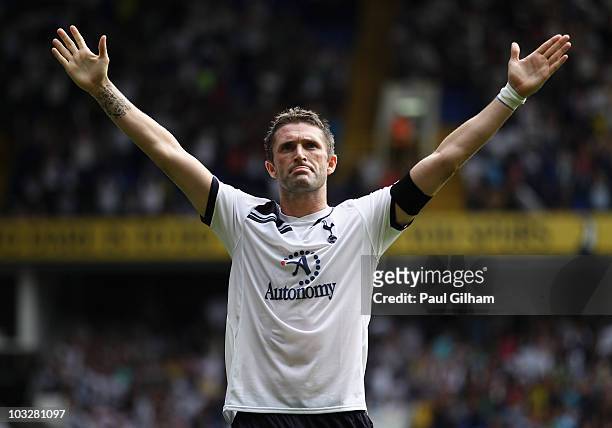 Robbie Keane of Tottenham Hotspur celebrates scoring his second and Tottenham's third goal during the pre-season friendly match between Tottenham...