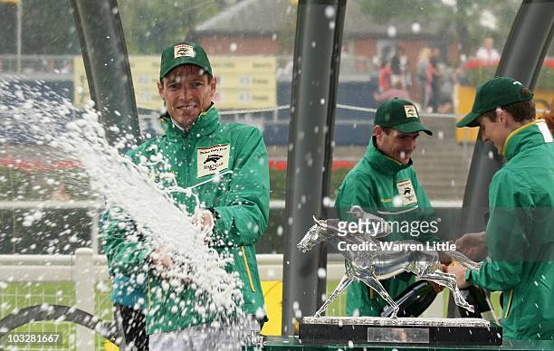 Richard Hughes of Ireland celebrates after winning the Shergar Cup at Ascot Racecourse on August 7, 2010 in Ascot, England.