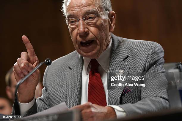 Committee Chairman U.S. Sen. Chuck Grassley speaks during a markup hearing before the Senate Judiciary Committee September 13, 2018 on Capitol Hill...