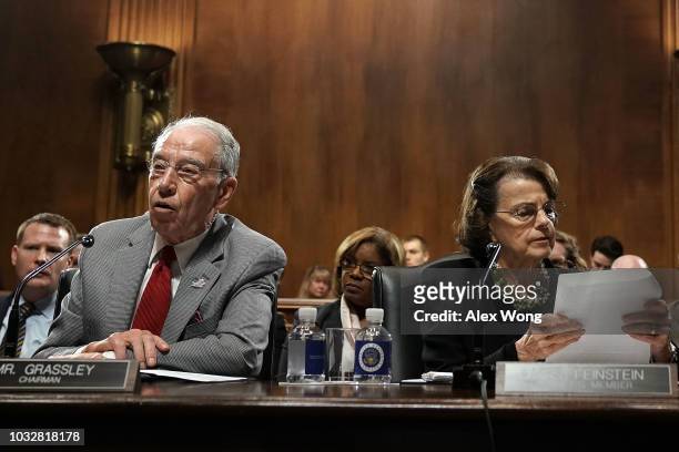 Committee Chairman U.S. Sen. Chuck Grassley speaks as ranking member Sen. Dianne Feinstein listens during a markup hearing before the Senate...