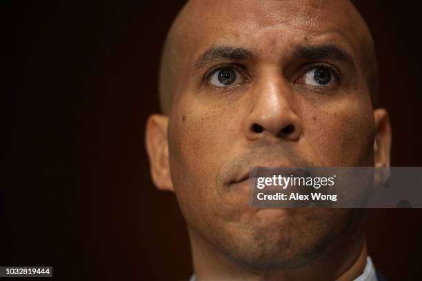 Sen. Cory Booker listens during a markup hearing before the Senate Judiciary Committee September 13, 2018 on Capitol Hill in Washington, DC. A...