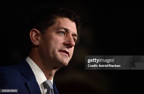 House Speaker Paul Ryan speaks to the media during his weekly news conference at the U.S. Capitol on September 13, 2018 in Washington, DC.