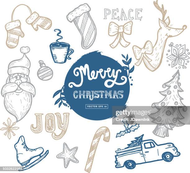 hand drawn christmas greeting set of elements and text - candy cane texture stock illustrations
