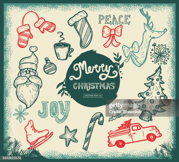 hand drawn christmas greeting set of elements and text - candy cane background stock illustrations