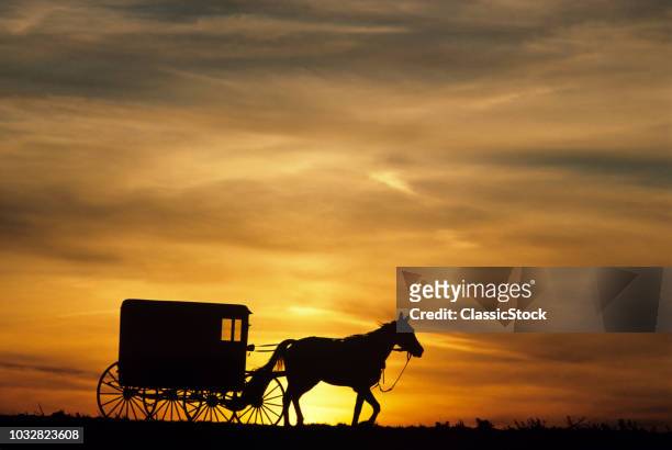 1980s AMISH HORSE AND BUGGY SILHOUETTED IN SUNSET LANCASTER COUNTY PA USA