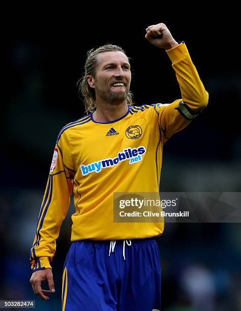 Robbie Savage of Derby County celebrates his teams victory after the npower Championship match between Leeds United and Derby County at Elland Road...