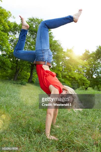 portrait of happy blond woman doing handstand on a meadow - einzelne frau über 30 stock-fotos und bilder