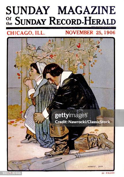 1600s PILGRIM COUPLE KNEELING IN PRAYER 1906 MAGAZINE ILLUSTRATION