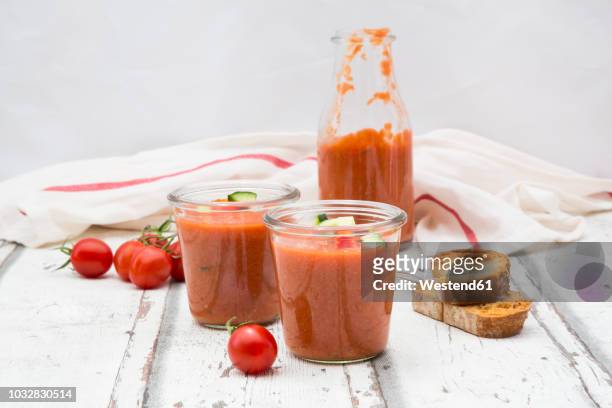 homemade gazpacho in glasses - gazpacho stock pictures, royalty-free photos & images