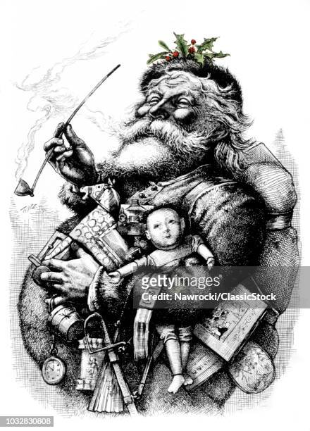 1800s 1881 SANTA HOLDING TOYS PIPE WITH GREEN HOLLY IN HIS CAP ILLUSTRATION THOMAS NAST DRAWING OF MERRY OLD SANTA CLAUS