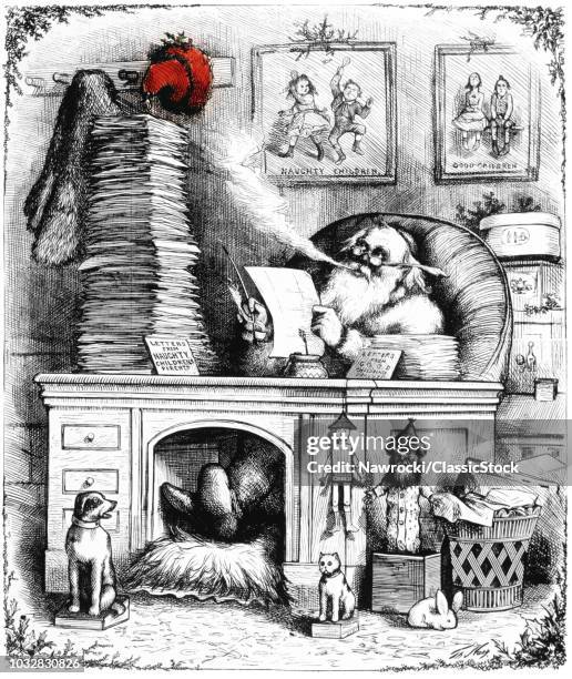 THOMAS NAST LINE DRAWING OF SANTA CLAUS AT HIS DESK WITH MAIL FROM NAUGHTY & GOOD CHILDREN RED HAT ON PEG