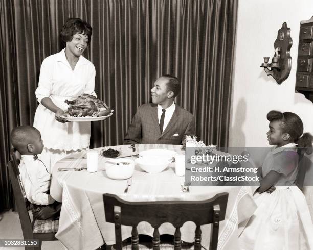 1960s AFRICAN AMERICAN FAMILY HOLIDAY TURKEY DINNER MOTHER FATHER 2 KIDS