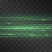 Laser glow vector scintillation. Green motion light effect blinking flares on transparent background. Light energy stream illustration for modern hi-tech design. Power flow of high speed particles